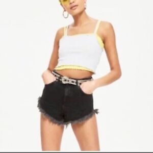 Topshop Moto Kiri Y2K Black Raw Hem Cut Off High Rise Cotton Denim Shorts 6